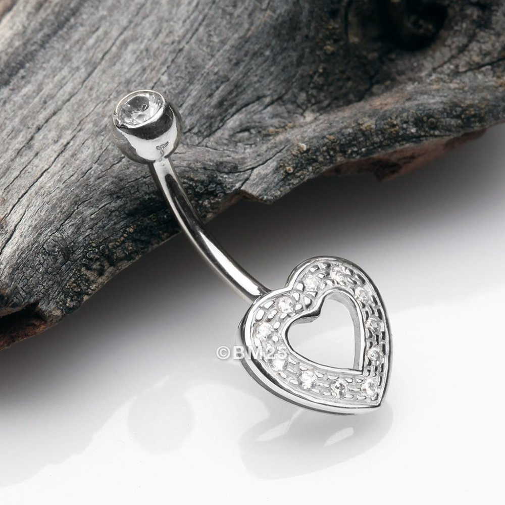 14 Karat White Gold Charming Heart Sparkle Belly Button Ring